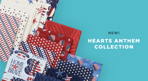 Shop the Hearts' Anthem fabric collection in precuts, panels and yardage while supplies last.