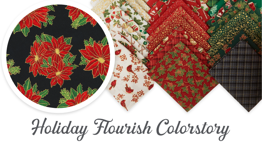 Shop precuts and yardage from each color story of the 2024 Holiday Flourish Festive Finery fabric collection here.