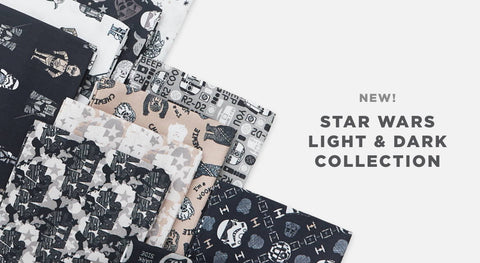 Shop precuts & yardage from the Star Wars Light & Dark fabric collection while supplies last.