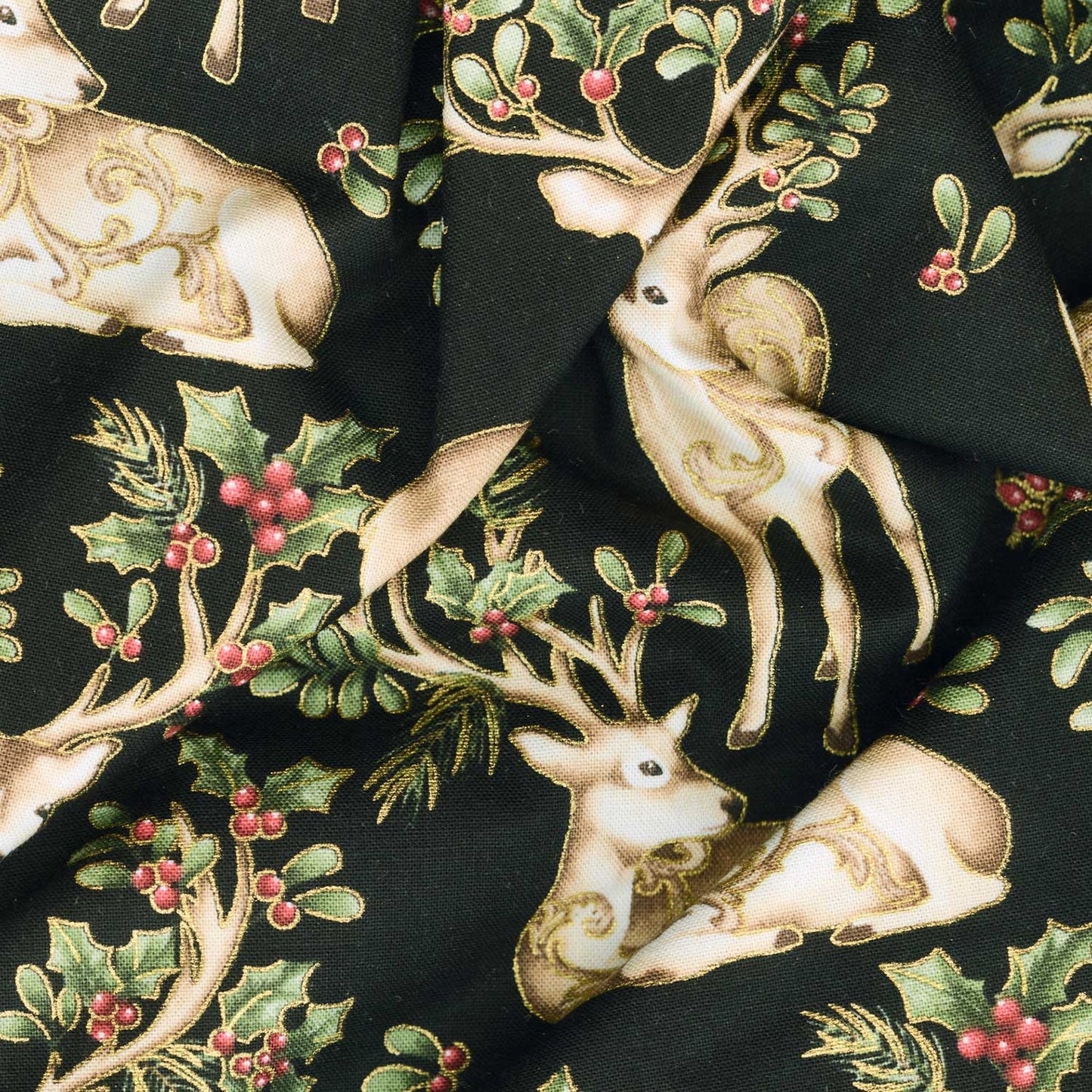 Winter In The Pines - Graceful Deer Black Metallic Yardage Alternative View #1