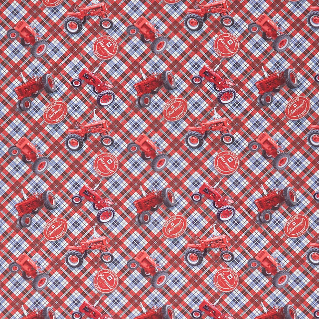 Farmall - Patriotic - Tractors Tossed on Plaid Red Yardage Primary Image