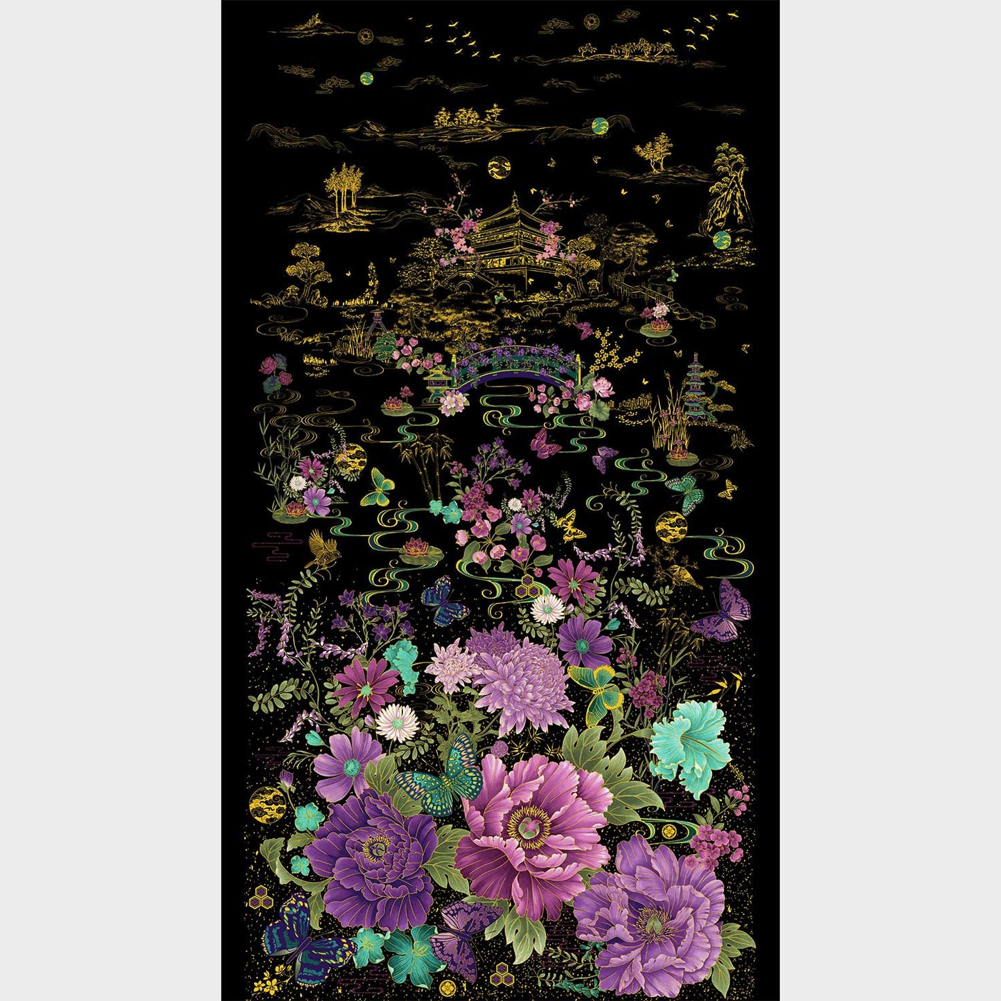 Shizuka - Asian Floral Butterfly Black Metallic Panel