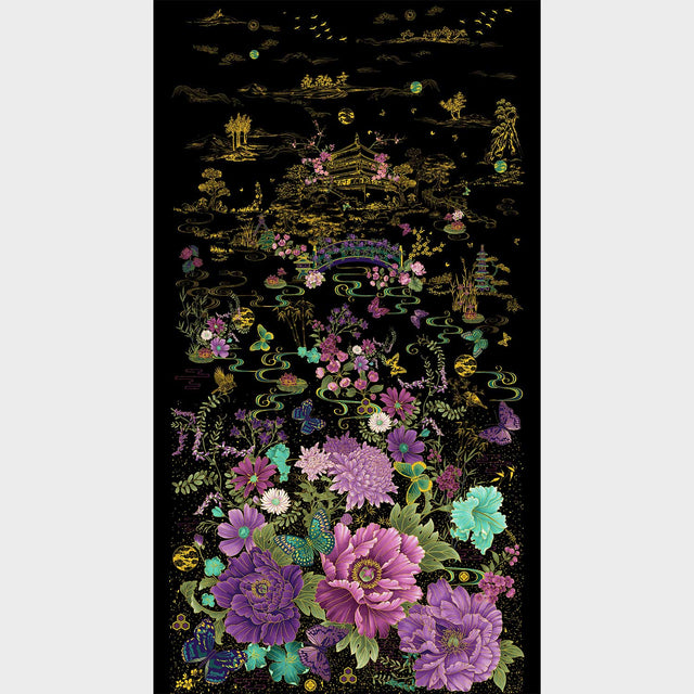 Shizuka - Asian Floral Butterfly Black Metallic Panel