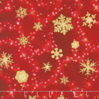 Winter's Grandeur 6 - Holiday Scattered Snowflakes Red Metallic Yardage