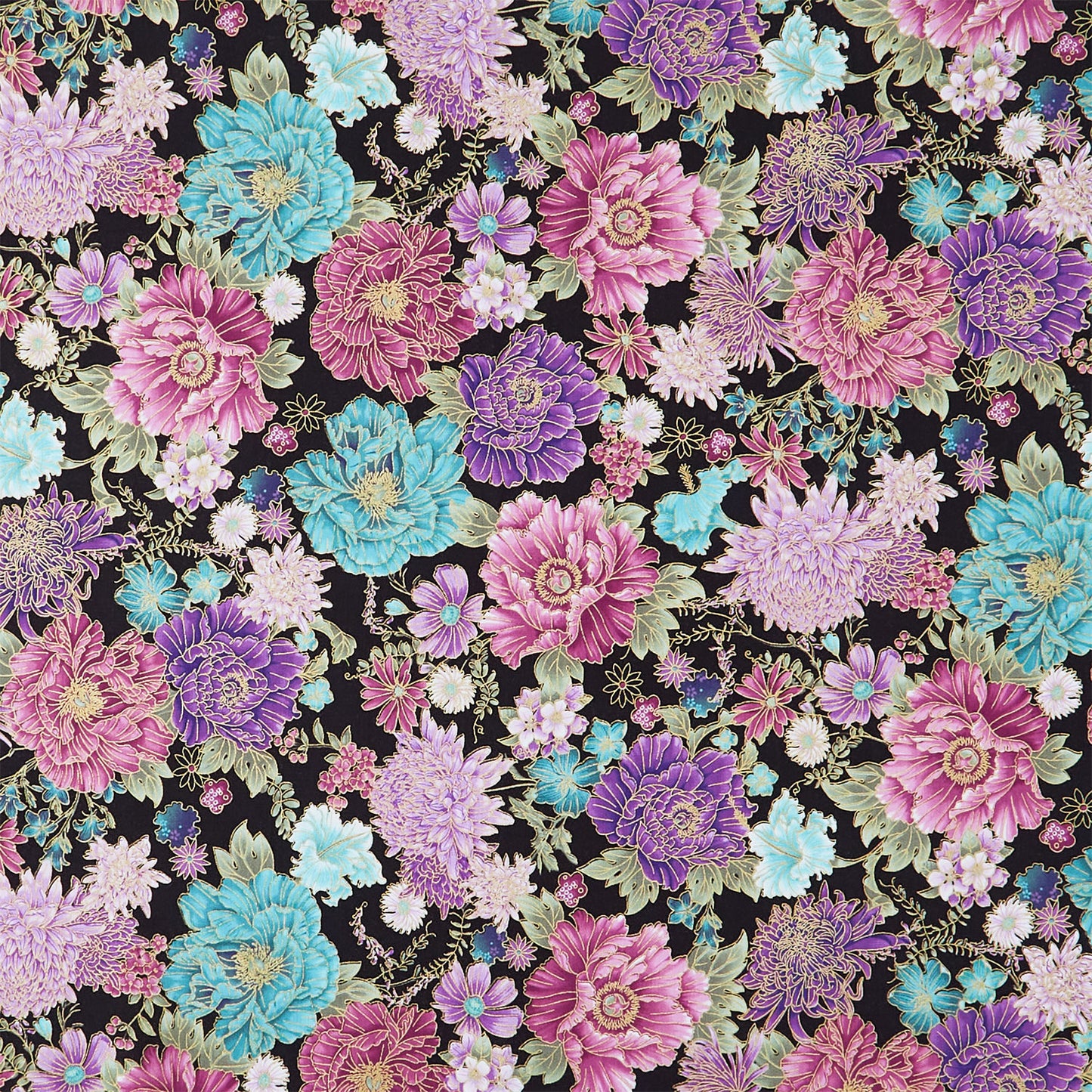 Shizuka - Packed Asian Floral Black Metallic Yardage