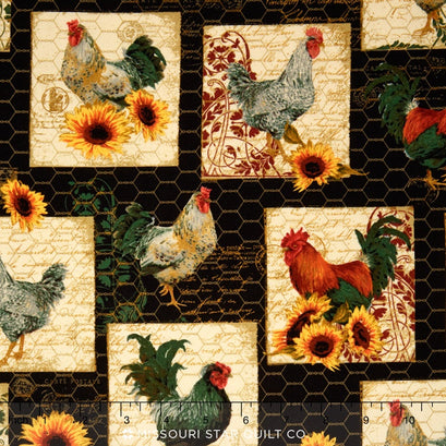 French Roosters - Main Print Black Yardage