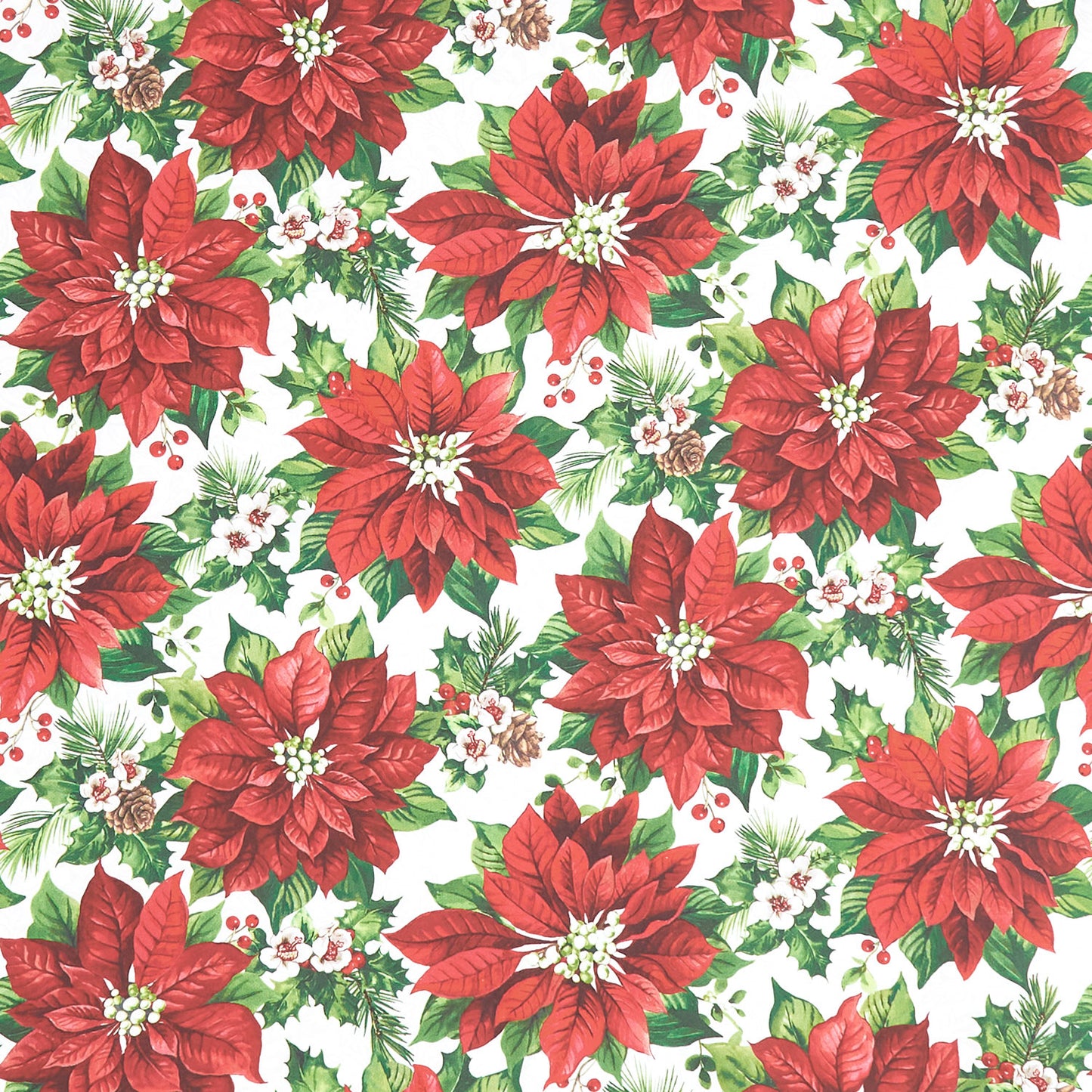 Yuletide Traditions - Poinsettia Packed White Multi Yardage