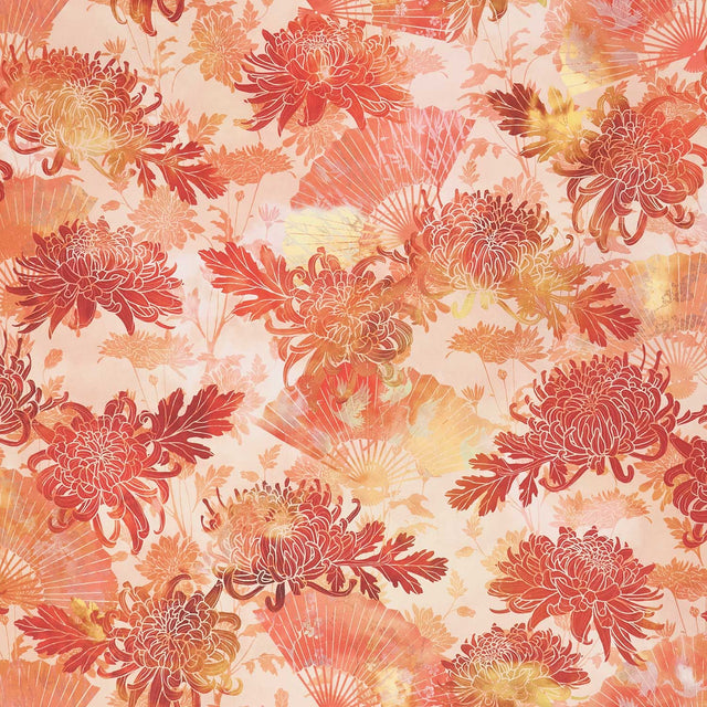 Oriental Gardens - Fans & Mums Red Yardage Primary Image