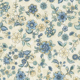 Calista - Teal Flowers Natural Pearlized Yardage