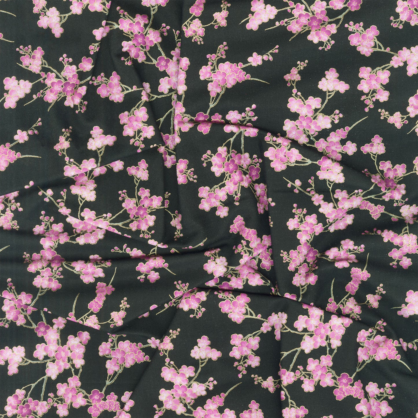 Shizuka - Cherry Blossom Branches Black Metallic Yardage