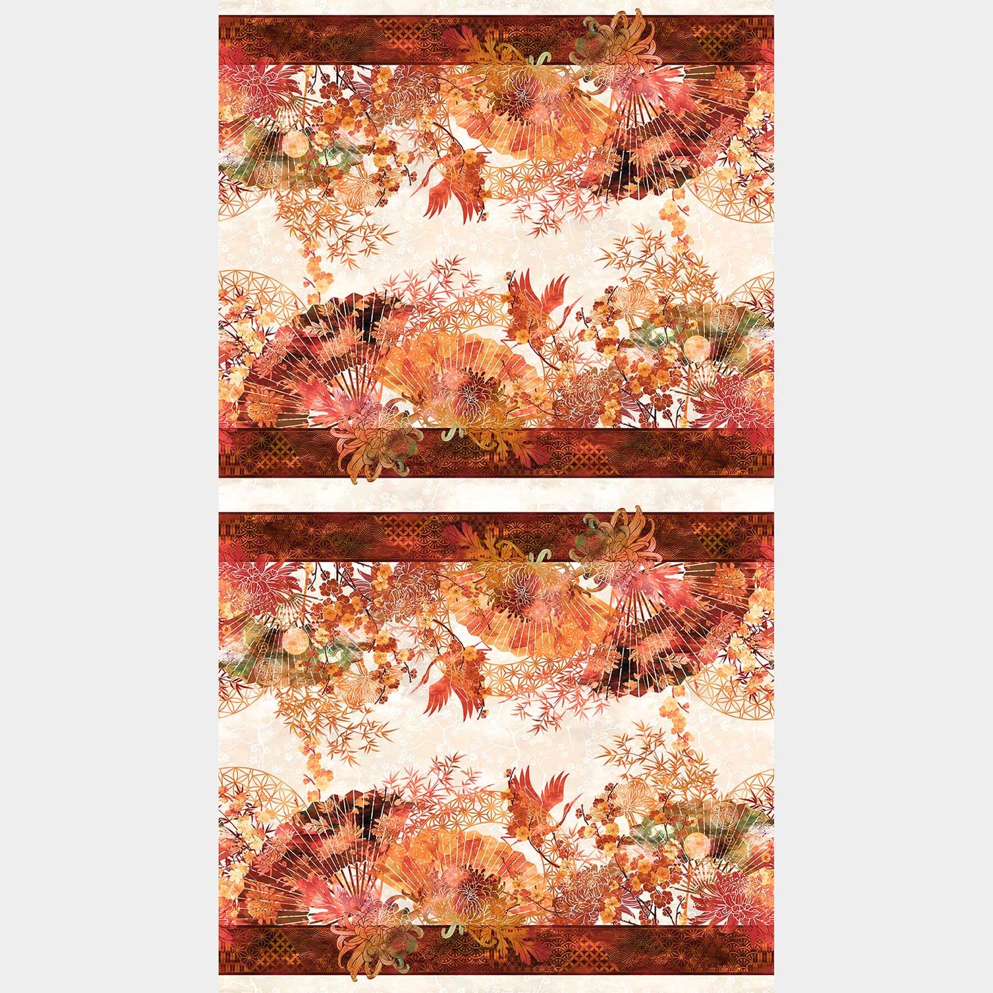 Oriental Gardens - Fan Border Stripe Red Yardage Alternative View #1