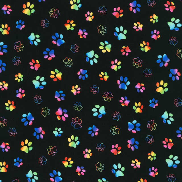 Cats (Timeless Treasures) - Rainbow Paw Prints Black Yardage Primary Image