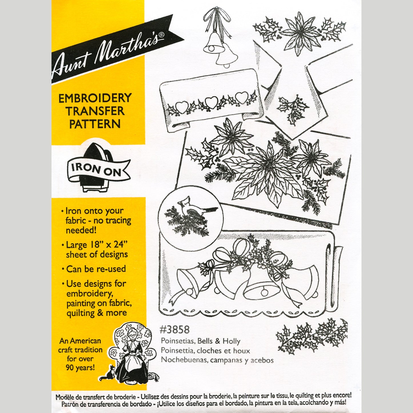 Aunt Martha's Poinsettias, Bells & Holly Iron-On Embroidery Pattern Primary Image