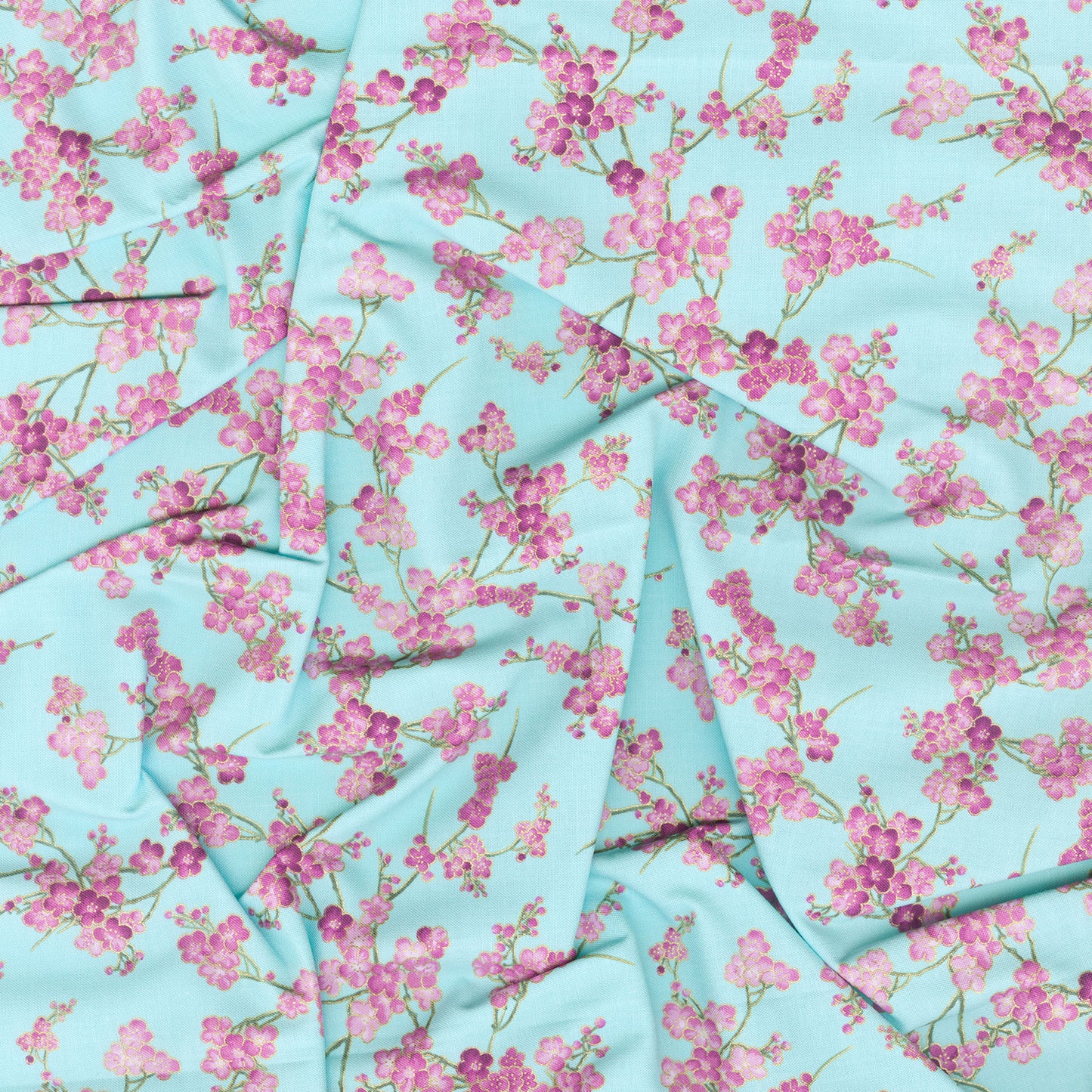 Shizuka - Cherry Blossom Branches Aqua Metallic Yardage