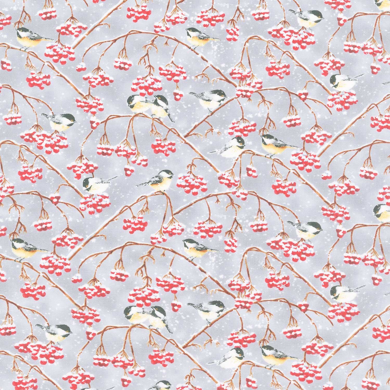 Snow Crew - Chickadees and Berries Gray Yardage