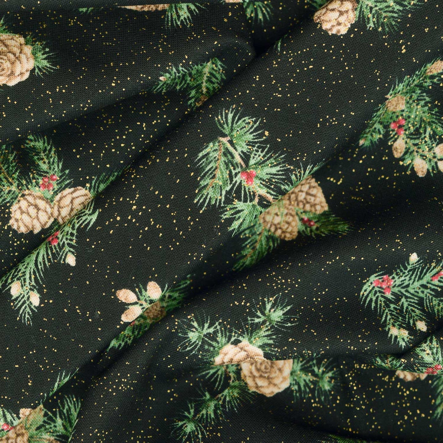 Winter In The Pines - Pine Cones Black Metallic Yardage Alternative View #1