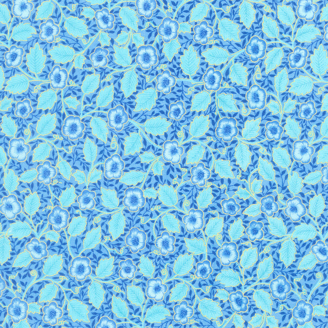 Luminous - Small Floral With Leaves Blue Metallic Yardage Primary Image