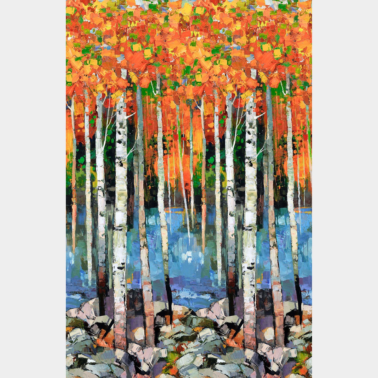 Silent Lake - Birch Trees Border Orange Multi Yardage Primary Image