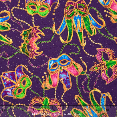 Celebrations - Purple Mardi Gras Mask Metallic Yardage