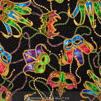 Celebrations - Black Mardi Gras Mask Metallic Yardage