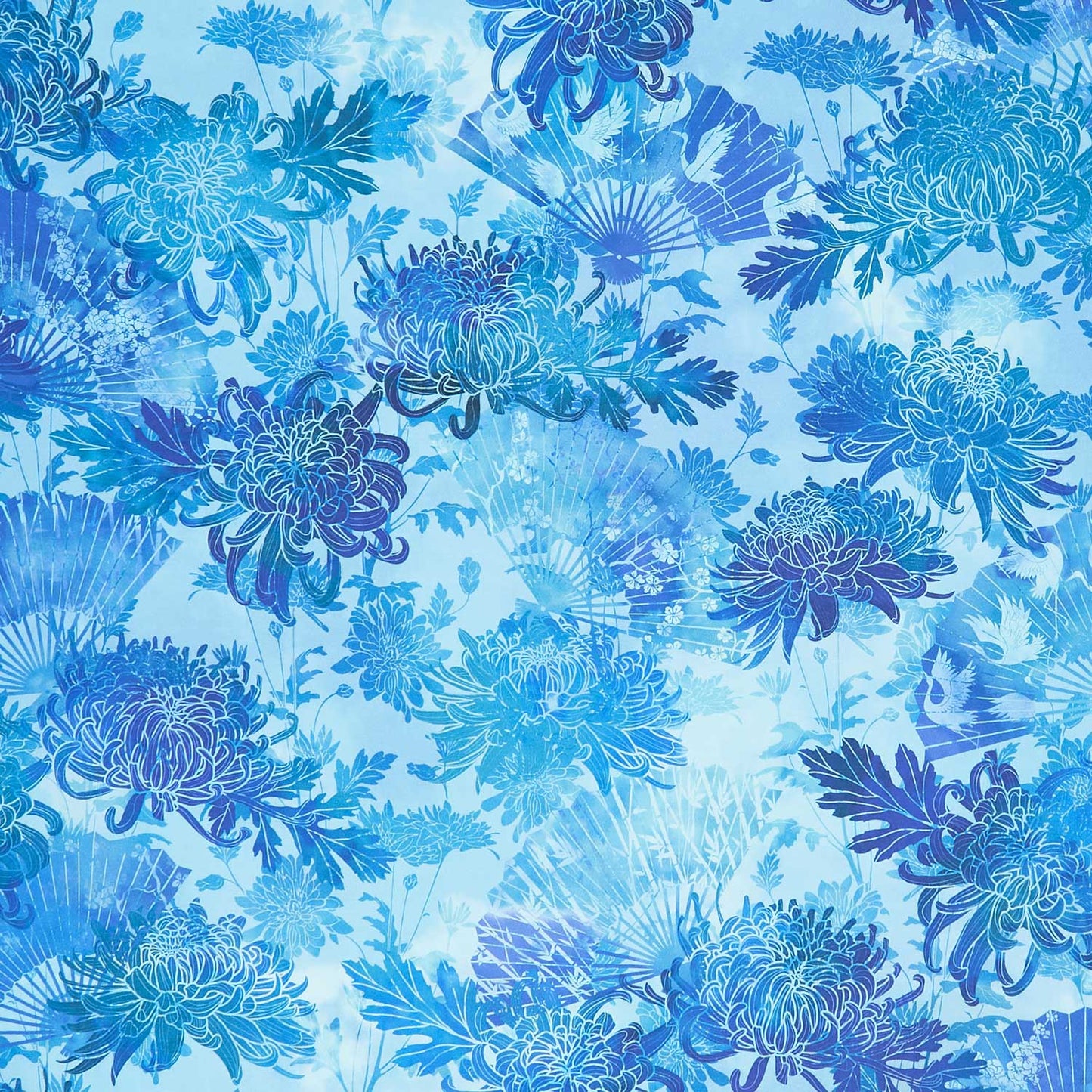 Oriental Gardens - Fans & Mums Blue Yardage Primary Image