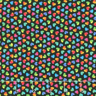 Novelty - Ombre Rainbow Hearts Black Yardage