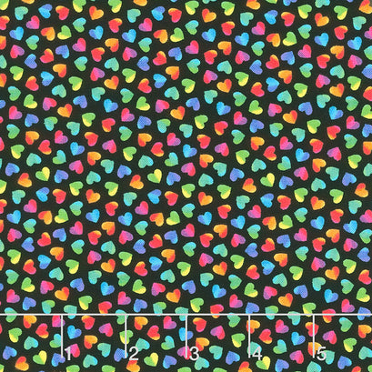 Novelty - Ombre Rainbow Hearts Black Yardage