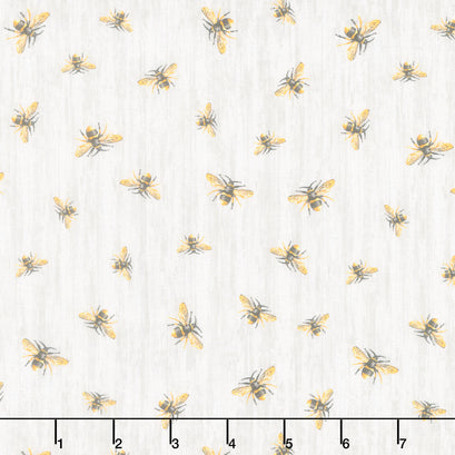 Honey Bee Farm - Flying Bees On Wood Texture Grey Yardage