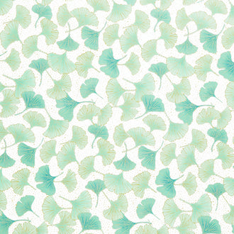 Gingko Garden - Small Ginkgo Toss White Metallic Yardage