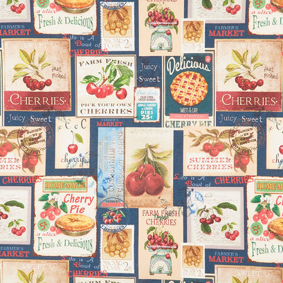 Cherry Pie - Cherry Signs and Cherry Pie Stamps Navy Yardage