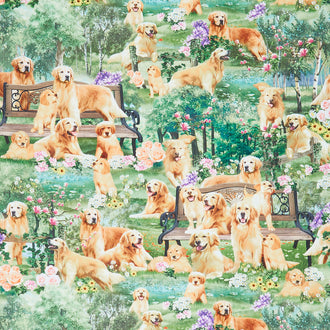 Dogs - Cute Golden Retriever Park Green Yardage