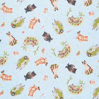 Cats - Pretty Cats in Garden Sky Yardage