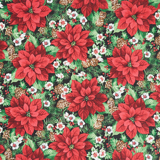 Cardinal Christmas - Poinsettias Black Multi Yardage