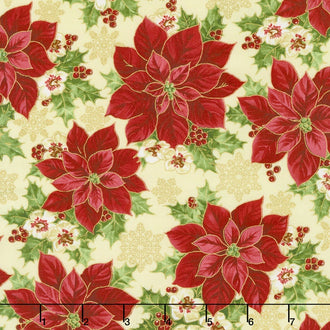 'Tis the Season - Poinsettia Cream Metallic Yardage