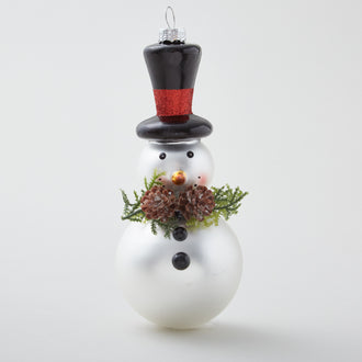 6.5" Matte White Blown Glass Snowman Ornament w/Pinecones