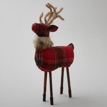 12" Red Plaid Reindeer w/ Twine Antlers & Fur Collar