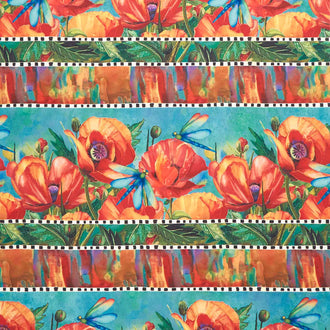 Charisma - Poppies Border Stripe Turquoise Multi Yardage