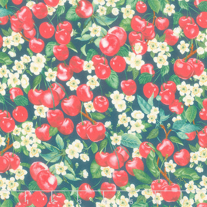 Cherry Pie - Packed Cherries and Flowers Navy Yardage