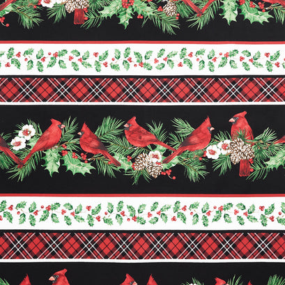 Cardinal Christmas - Border Stripe Black Multi Yardage