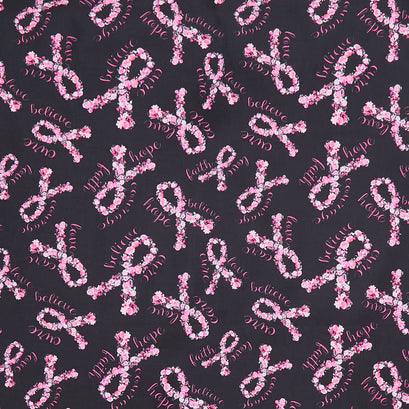 Pink Ribbon - Pink Ribbon Floral Black Yardage