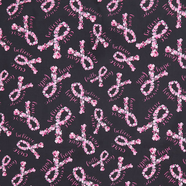 Pink Ribbon - Pink Ribbon Floral Black Yardage
