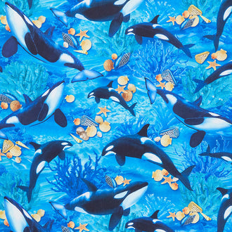 Jewels of the Sea - Happy Orca Aquamarine Digitally Printed Yardage