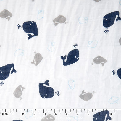 Embrace- Double Gauze Whales Cobalt Yardage