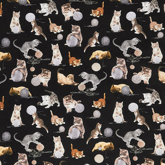 Cats - Cats Playing With Balls of Yarn Black Yardage