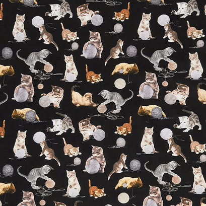 Cats - Cats Playing With Balls of Yarn Black Yardage